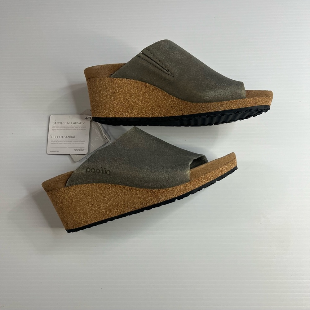 Birkenstock New Papillio Namica Washed Metallic Stone Gold Suede Sz 7 Wedges - Picture 2 of 8